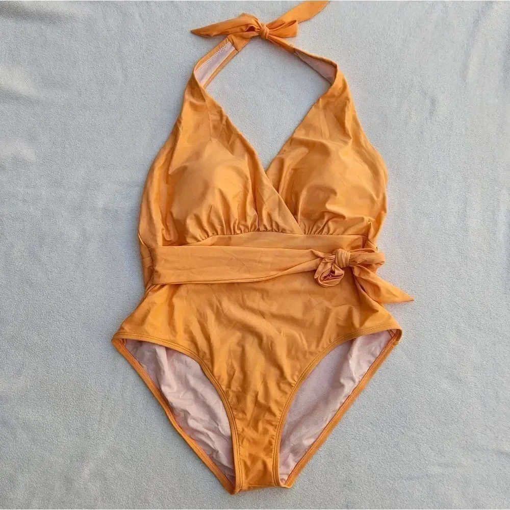 Cupshe Summer of Love Halter Belted Tummy Control Plus Size One Piece Swimsuit